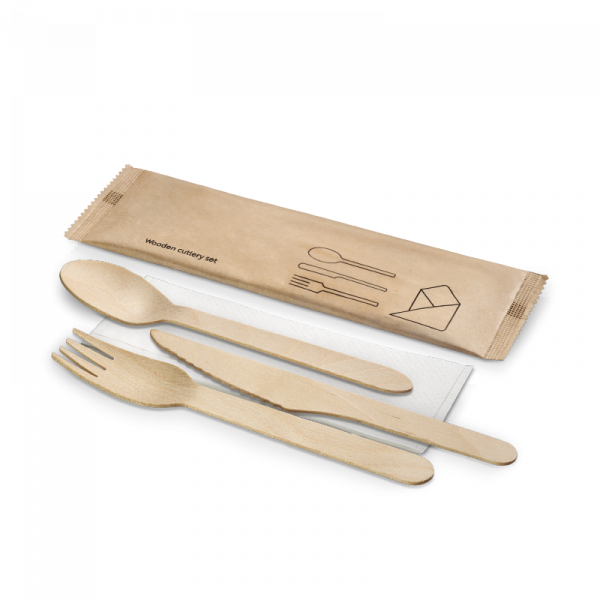 Holz-Besteckset, 4-teilig, Gabel, Messer, Löffel, Serviette, naturesse