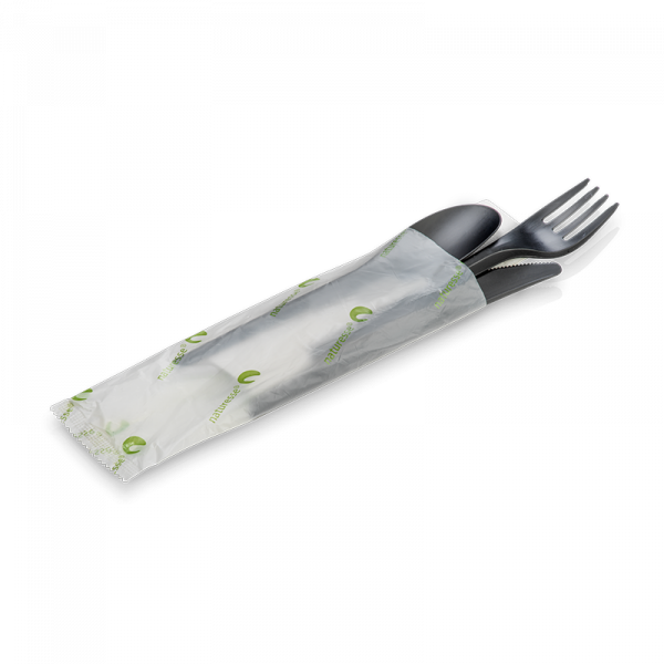 naturesse CPLA Besteck-Set smart schwarz 4-tlg. Messer, Gabel, Suppenlöffel, Serviette