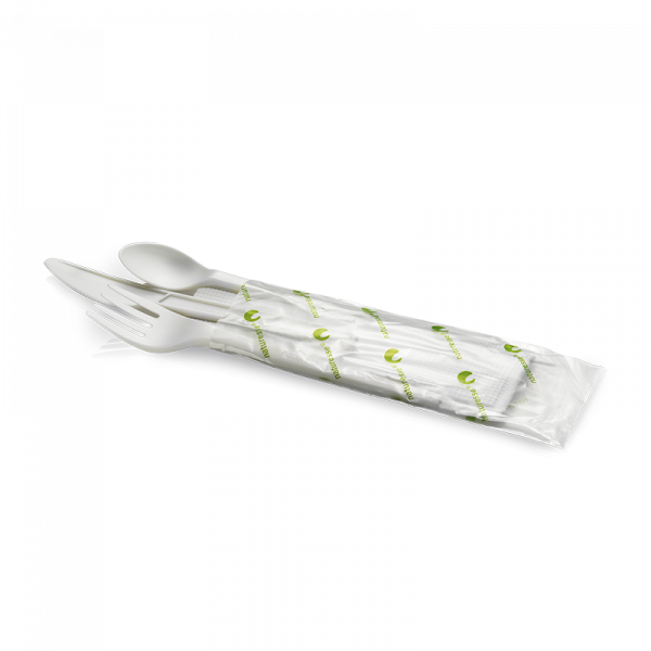 CPLA Besteck-Set 4-teilig (Messer, Gabel, Kaffeelöffel, Serviette)