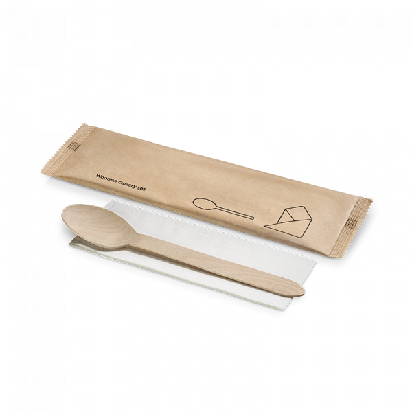 Holz-Besteckset, 2-teilig, Löffel, Serviette, naturesse