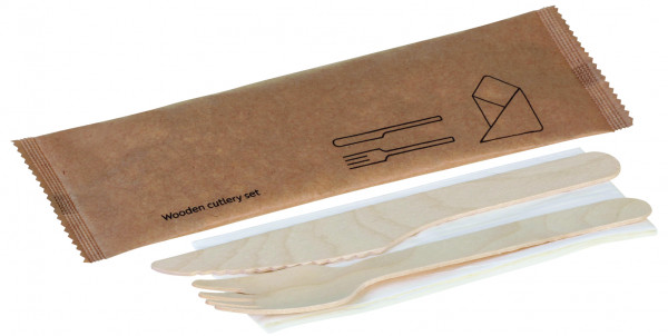 Holz-Besteckset, 3-teilig, Gabel, Messer, Serviette, naturesse