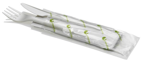 CPLA Besteck-Set 3-teilig (Messer, Gabel, Serviette)