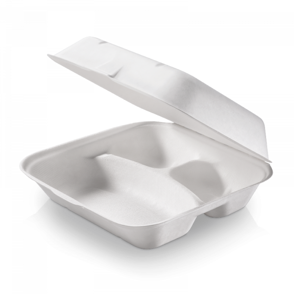 Zuckerrohr Food Box mit Klappdeckel 3-geteilt 23,5 cm x 19,5 cm, 7,5 cm tief