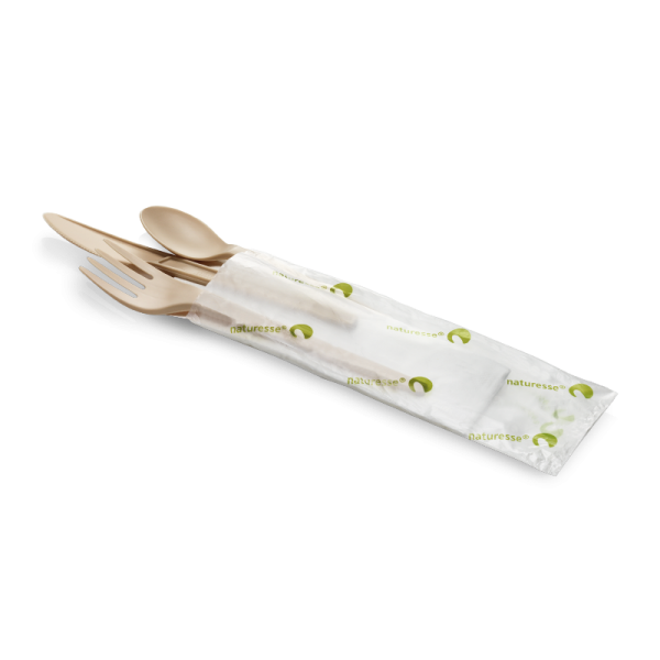 naturesse CPLA Besteck-Set 4-tlg. beige, Messer, Gabel,Kaffeelöffel, Serviette
