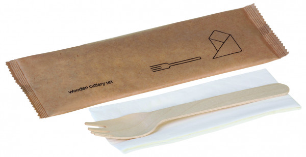 Holz-Besteckset, 2-teilig, Gabel, Serviette, naturesse