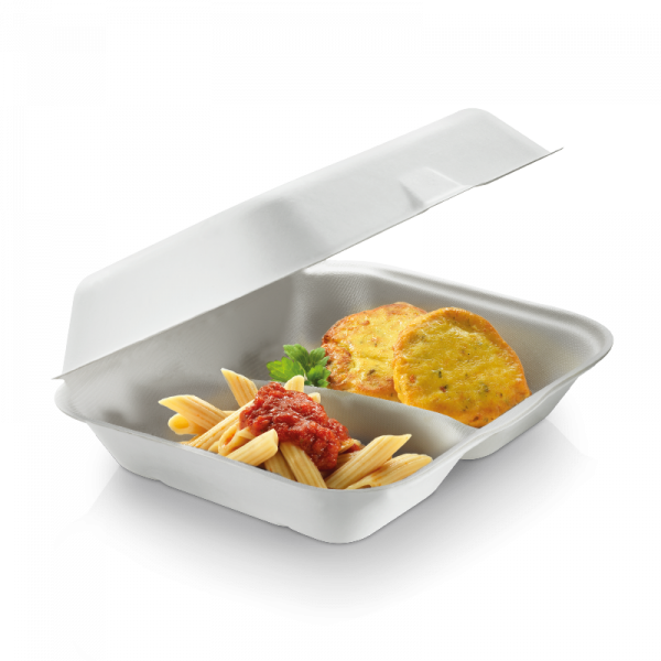 Zuckerrohr Food Box mit Klappdeckel 2-geteilt 23,5 cm x 19,5 cm, 7,5 cm tief